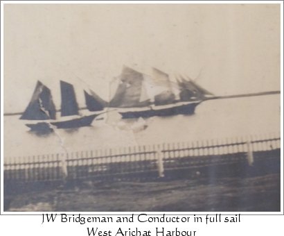 The schooners J.W. Bridgeman and Conductor in full sail in West Arichat Harbour